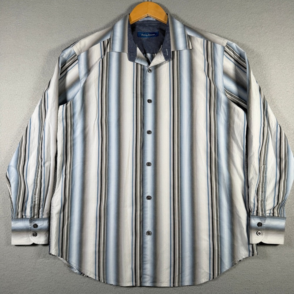 Tommy Bahama Mens Medium Blue Striped Cotton Silk Long Sleeve Button Down Shirt
